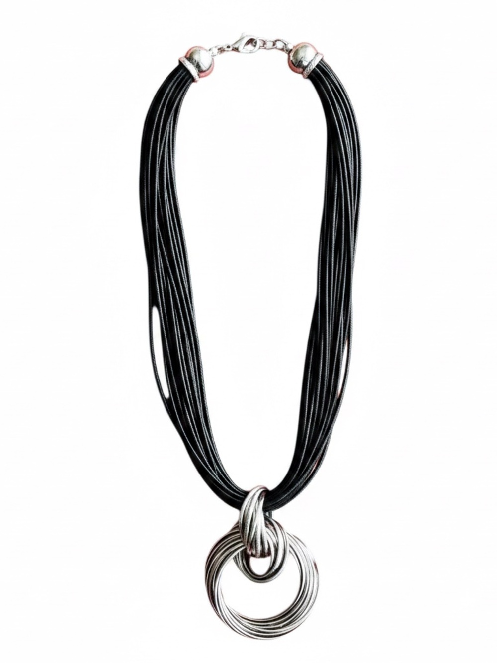 Womens Chunky Multi-Strand Black Pendant Necklace with Silver Interlocking Rings - Picture 2 of 3
